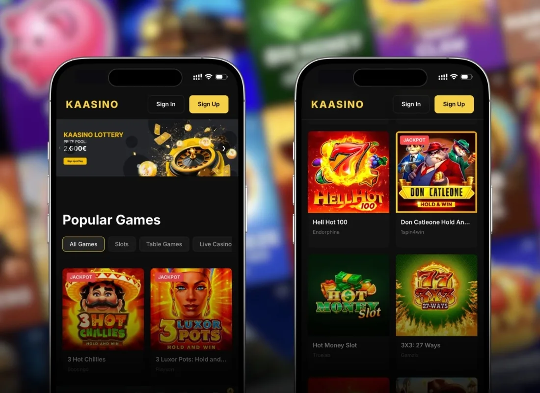 Kaasino non Gamstop mobile app showing the lottery jackpot and popular jackpot slots