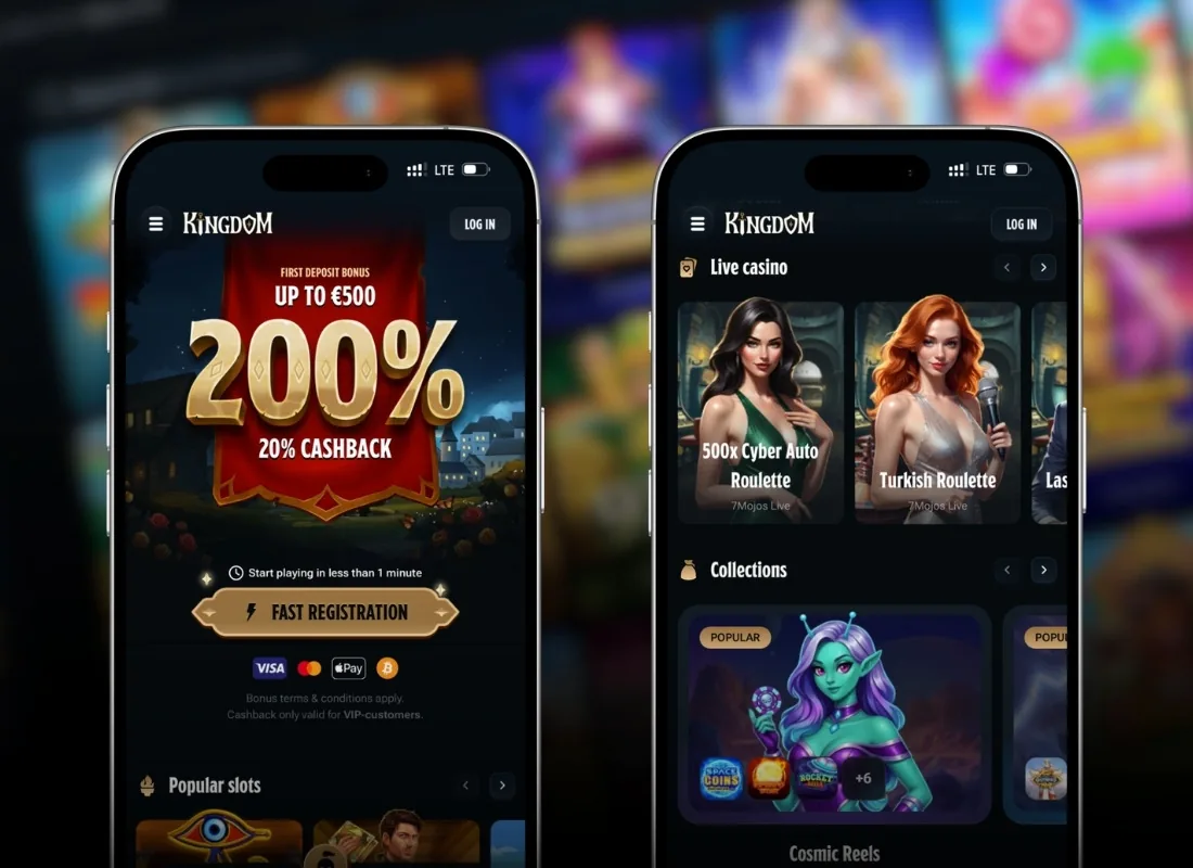 Kingdom Casino non Gamstop mobile app showing the 200% deposit bonus and live casino collections