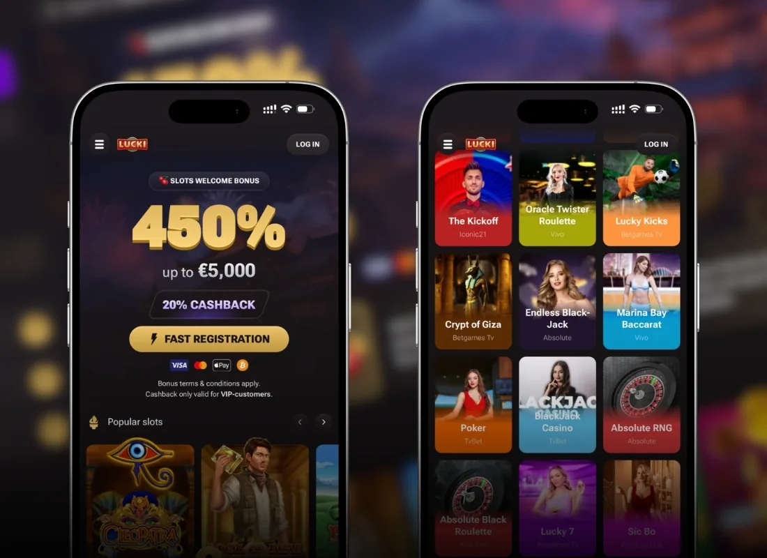 Lucki Casino mobile lobby showing the 450% slots welcome bonus and popular slot tiles