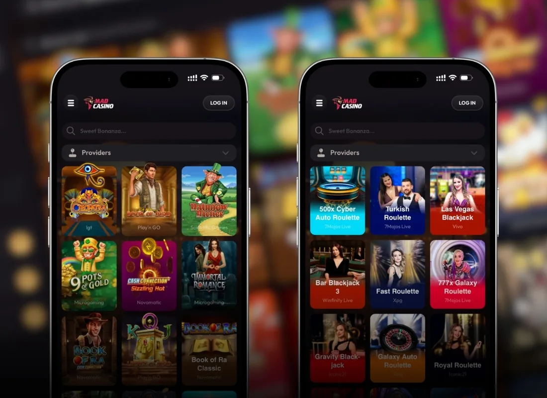 MadCasino non Gamstop mobile app showing the slots search and live roulette tables