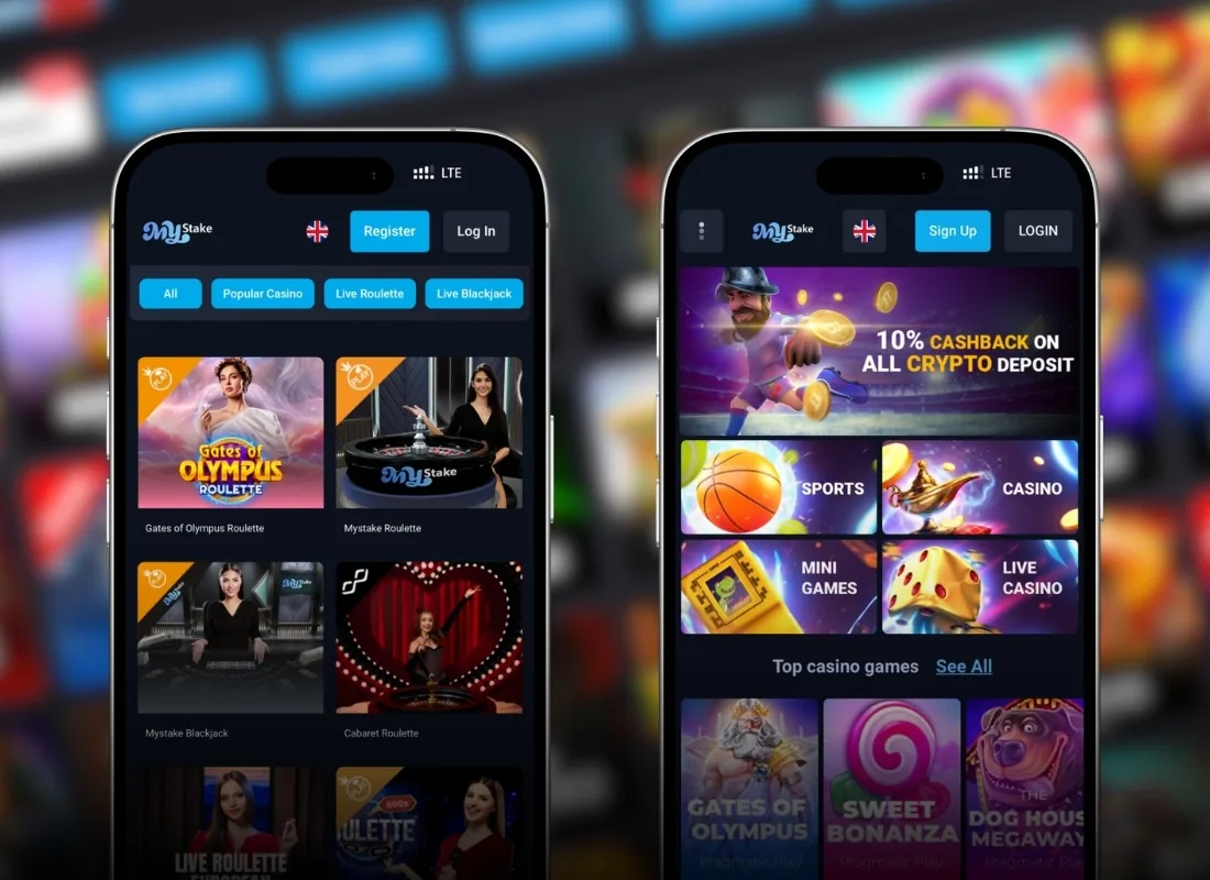 MyStake non Gamstop mobile app showing live roulette tables and 10% crypto cashback